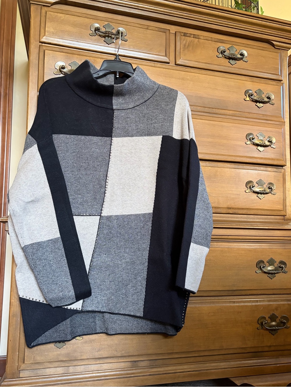 Joseph Ribkoff Black, Gray and Cream Block mock neck Sweater with 3/4 sleeve